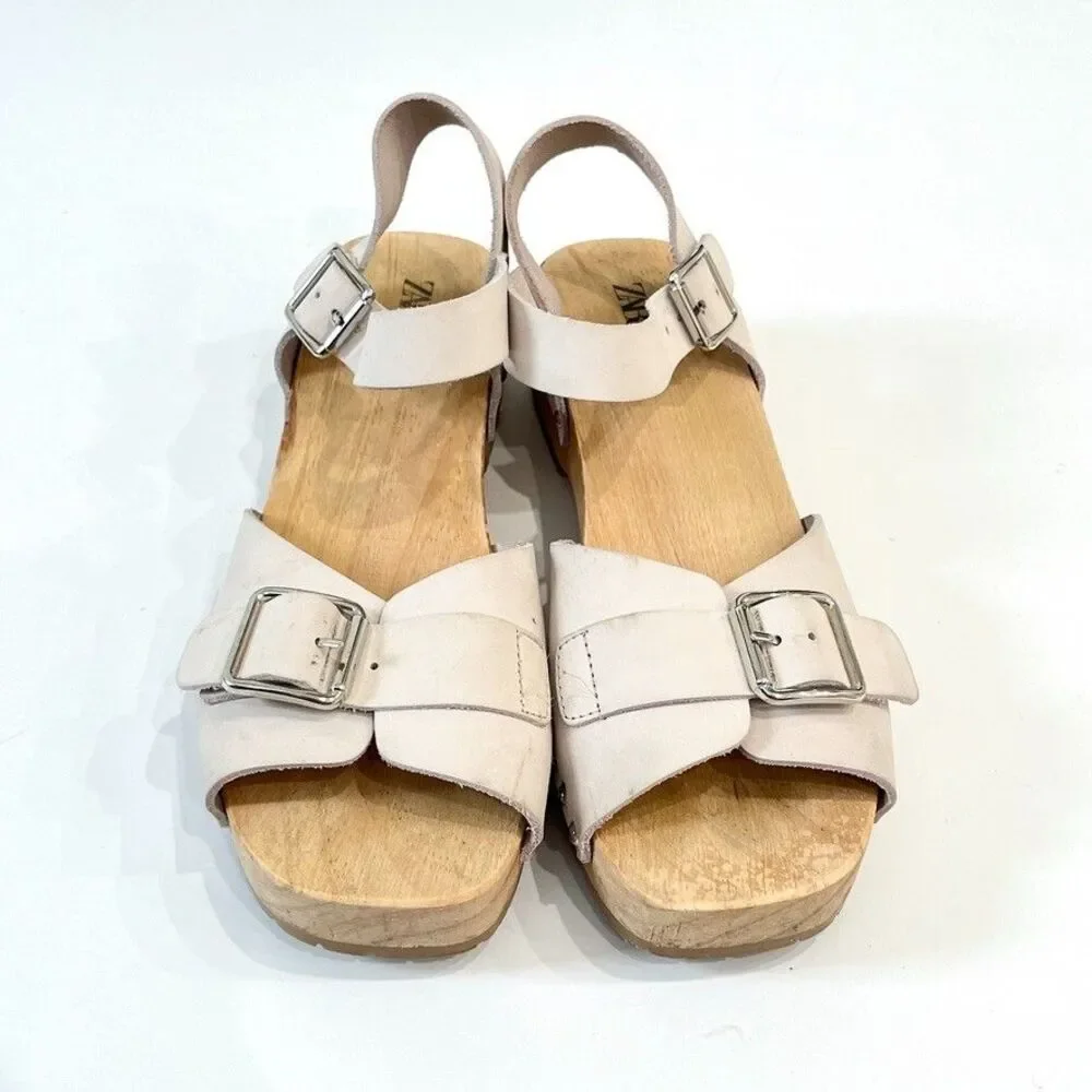 Zara White Leather Wooden Clog Sandals Buckle Platform EU 38 US 7.5 Minimalist - Picture 8 of 10
